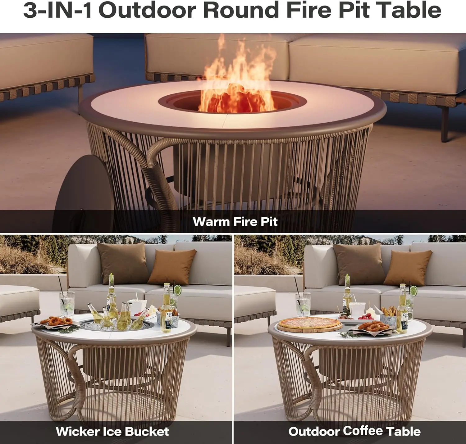 Outdoor Rope Móveis Tecidos Conjunto com Mesa e Balde de Gelo e Mesa de Café, Bohemian Confortável Conversa Set, 4 pcs