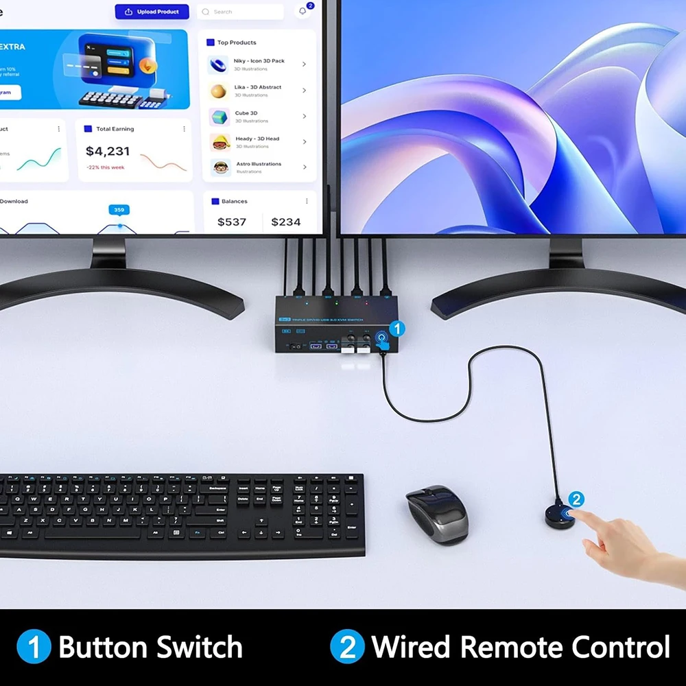 محول USB 3.0 KVM 3 شاشات 3 أجهزة كمبيوتر 8K @ 60 هرتز 4K @ 144 هرتز شاشة ثلاثية متوافقة مع HDMI KVM مع 4 منافذ USB 3.0 KVM Tripl