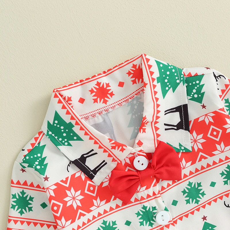 

Baby Boys Christmas Outfits Santa Claus Reindeer Snowflake Print Long Sleeve Bowtie Shirts and Pants 2Pcs Set for Toddler Boys