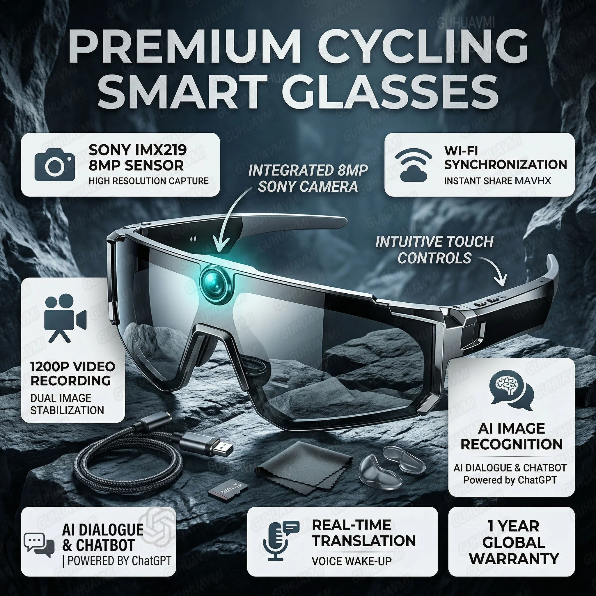 Outdoor Sports AI Smart Glasses 1200P Video Camera WiFi Tran