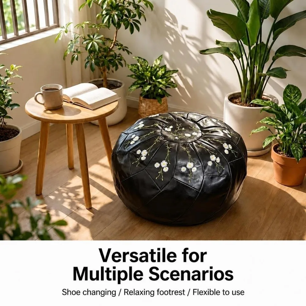 New Unstuffed Pouf Ottoman PU Leather Fillable Storage Ottoman Daisy Embroidery Water Resistant Footstool Cover for Living Room