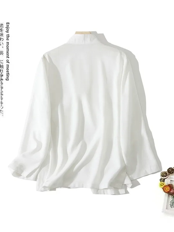 New Chinese Style Loose Fit Long Sleeve Shirt Women's Summer Autumn Slimming Breathable Traditional Training Top with Belt
