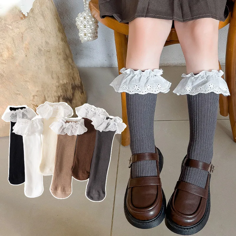 Retro Princess Lace Socks Korean Girls Long Tube Sock 3-12year Children Coffee Color Knit Cotton Stockings Autumn Kids Footwear