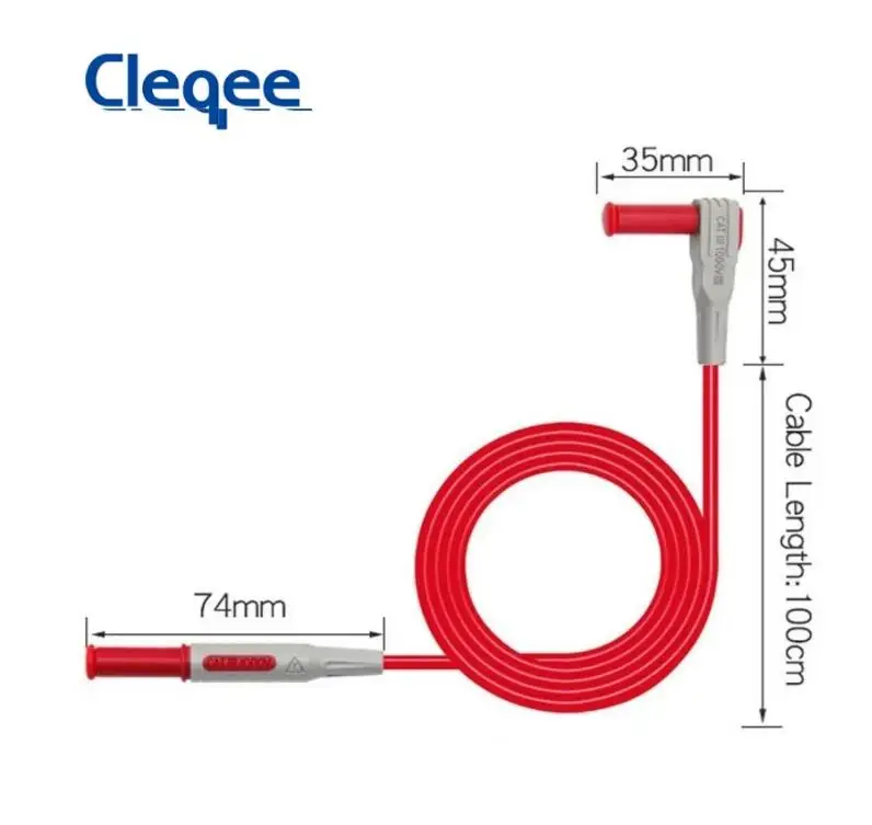 Cleqee P1033 2 szt. Bezpieczny przewód pomiarowy wtyk bananowy 90 stopni do prostego multimetru kabel testowy 100CM 1000V/15A