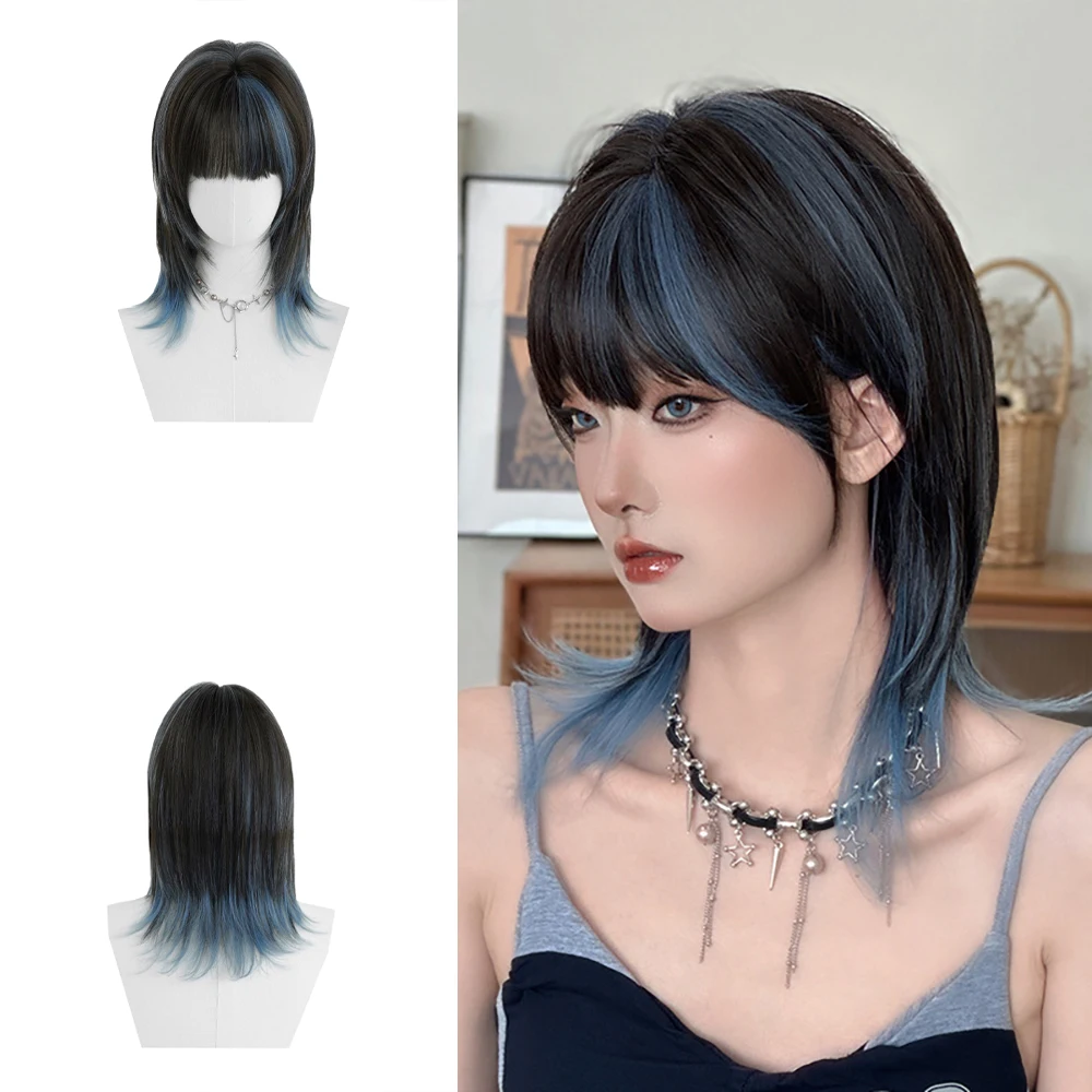 High-Quality Blue Mullet Synthetic Hair With Bangs, Suitable For Women'S Daily Party Anime Role-Playing Lolita Wolf Tail Wig