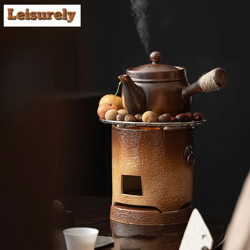 800ml Japanese Coarse Pottery Handmade Teapot Warmer Retro Tea Heater Alcohol Candle Fire Stand Tea Kettle Stove Kung Fu Teaware