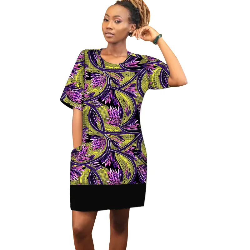

African Fashion O-Neck Dress Wax+Black Patchwork Design Customized Women's Outfit Colorful Print Female Summer Wear