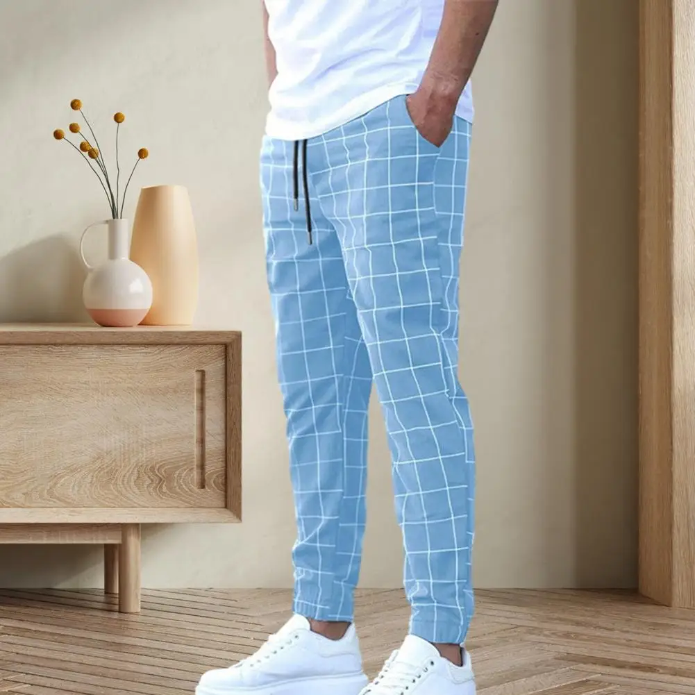 Plaid Stitching Pencil Pants Elastic Waist Pencil Pants Streetwear Men's Plaid Print Pencil Pants with Elastic Waist Slant for A