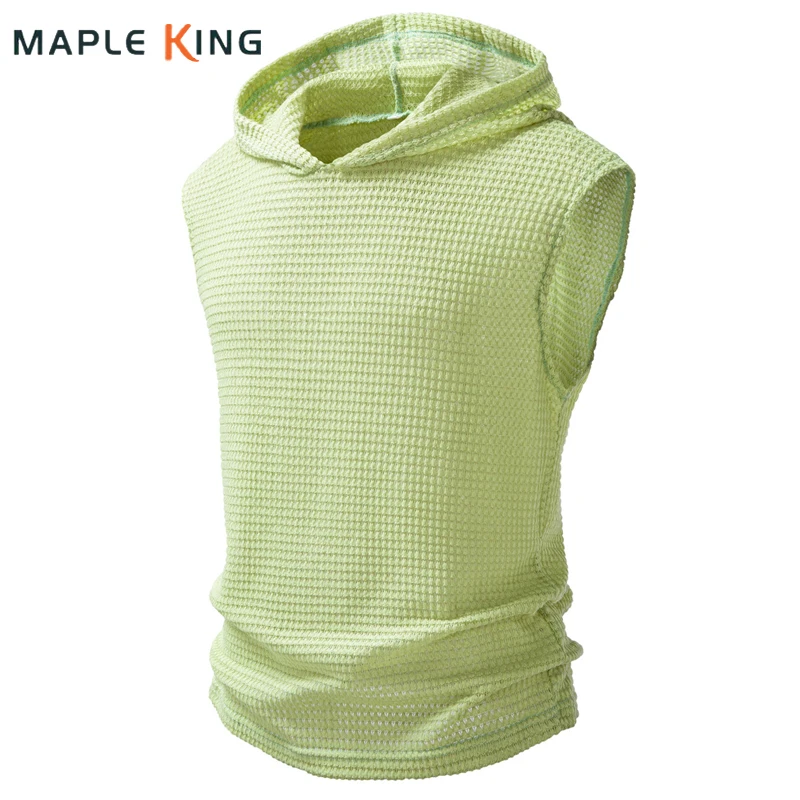Man Hooded Vest Sleeveless Tank Tops 2026 Summer Waffle Plaid Training Quick Drying Pullovers Solid Waistcoat Vest Men Clothing