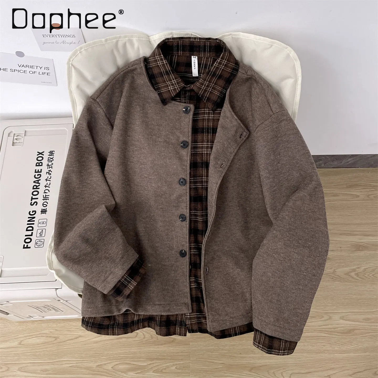 

Spring Autumn Commuter Style Men's Brown Fake Two-Piece Shirt Collar Coat Loose Casual Dark Gray Plaid Patchwork Cardigan