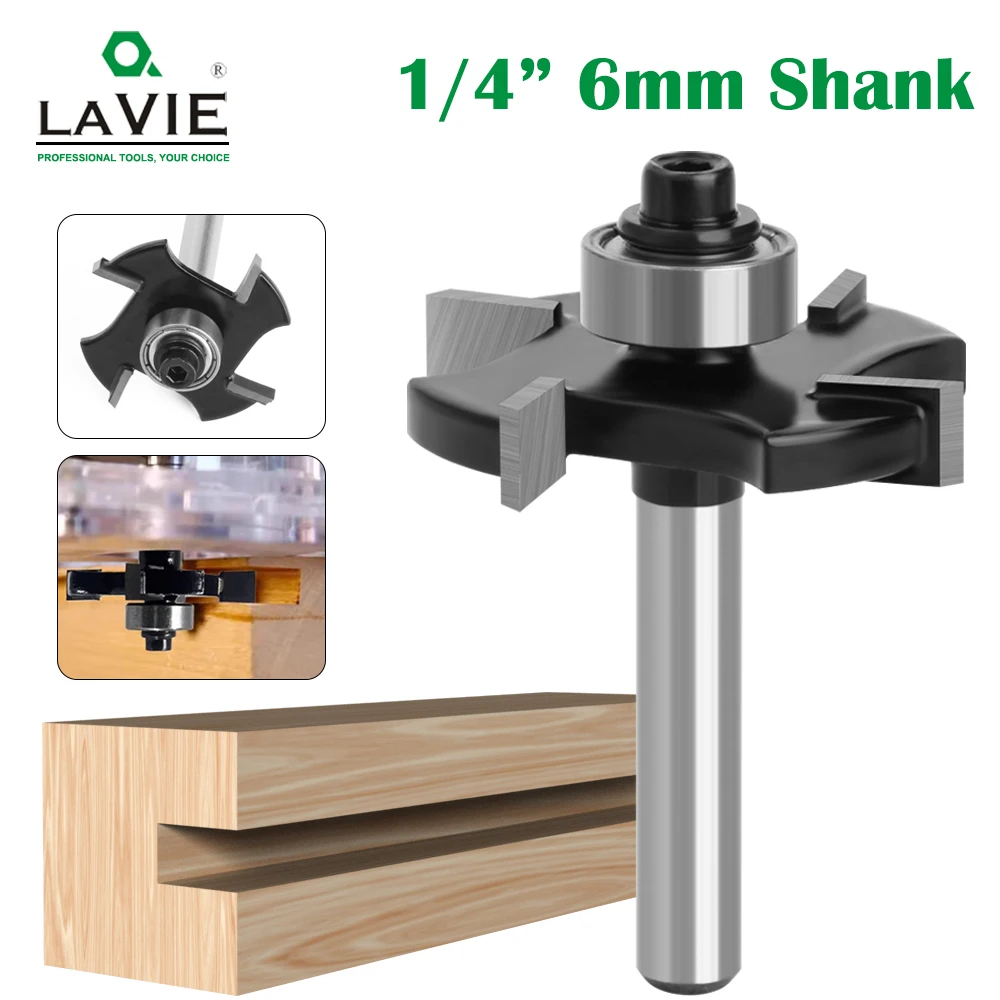 

LAVIE 1/4 6mm 6.35mm Shank Four Blades T-Sloting Slot Cutter Jointing Slotting Router Bit Height Milling Cutter Woodworking