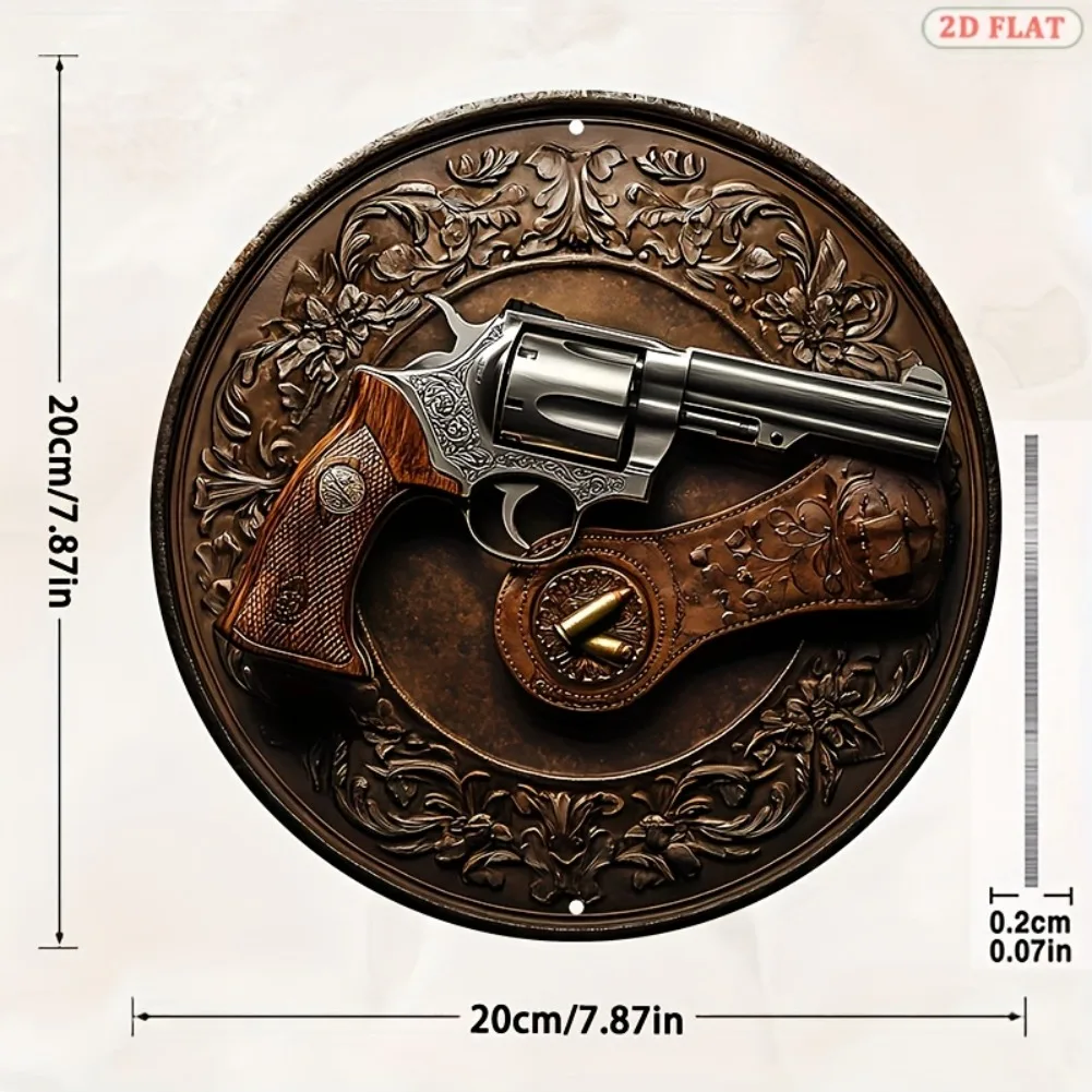 2D Flat, 1pc Vintage Revolver & Leather Holster Replica Metal-like Texture - Western Cowboy Decor - Heavy-Duty Aluminum
