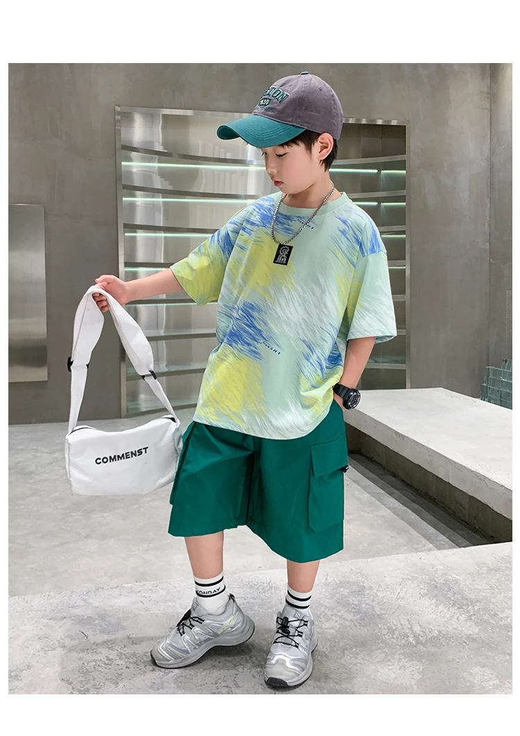 2-teiliges Set für Jungen im Alter von 5-14 Jahren, Teenager-Kinderbekleidung, neuer Sommeranzug für Kinder, Kurzarm-T-Shirt + Shorts, lässiges Street-Outfit. – Detail 14