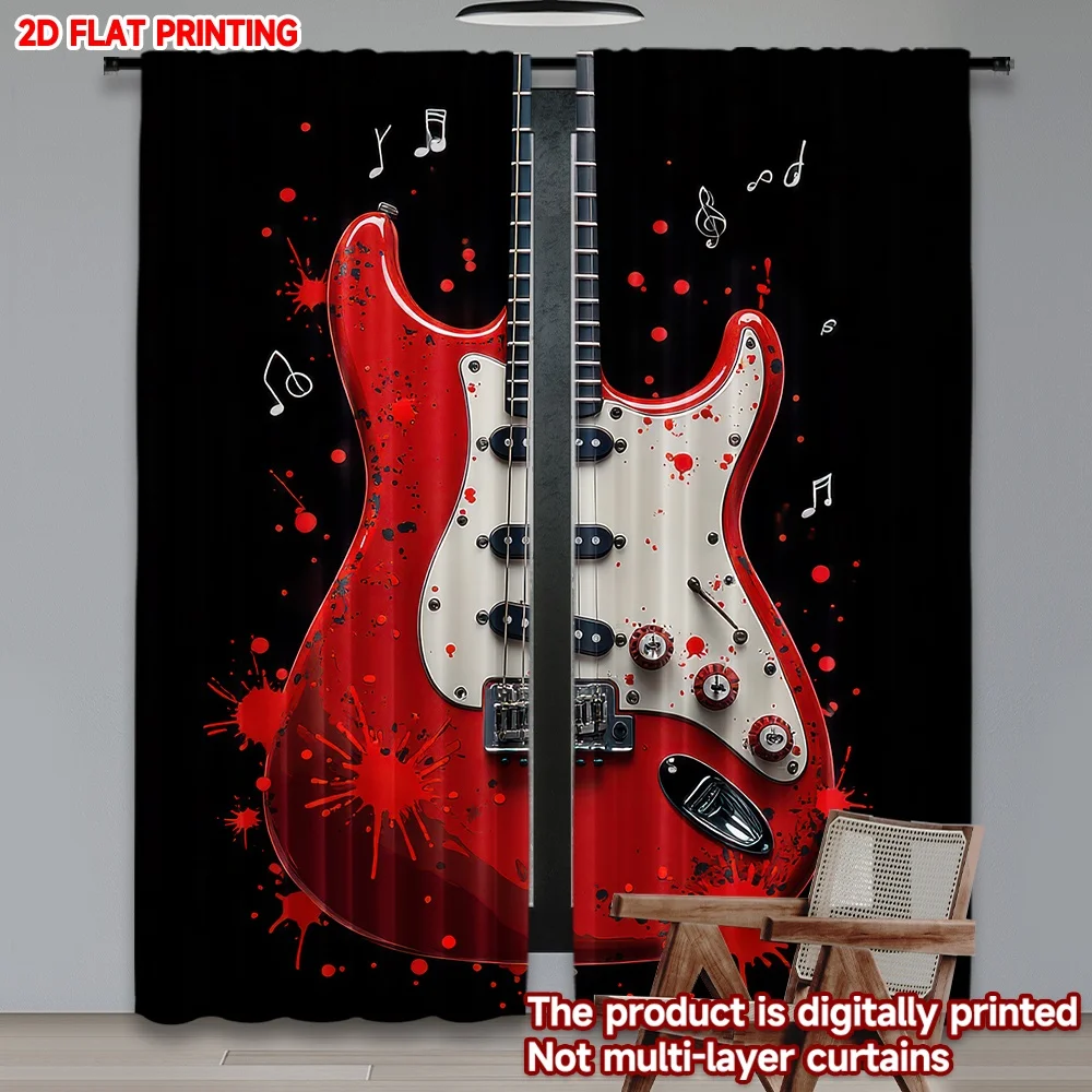 

2D flat printing 2pcs Window Curtains Red Electric Guitar Digital Printed Polyester Drapes Holiday Decorations for Holiday