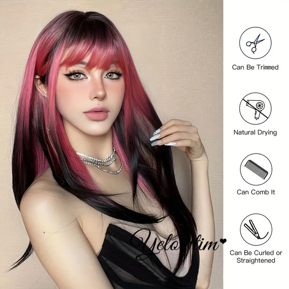 YELOWTIM Women's synthetic straight wig pink red gradient black role-playing long layered natural hair bangs for daily use