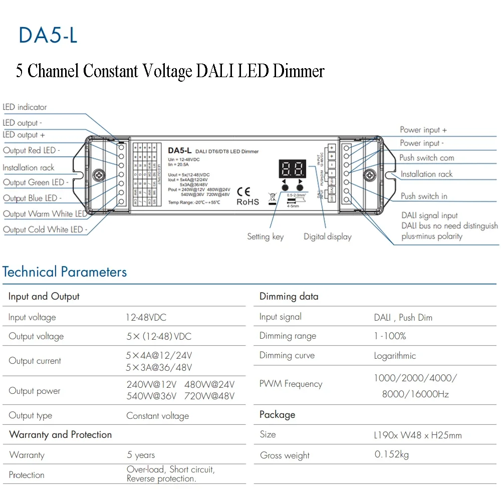 Imagem -04 - Dali-led Dimmer para Fita de Fita de Fita Canais Controlador Tensão Constante Da5-l Dt6 Dt8 Rgb Rgbcct Canais 4a 24v cv