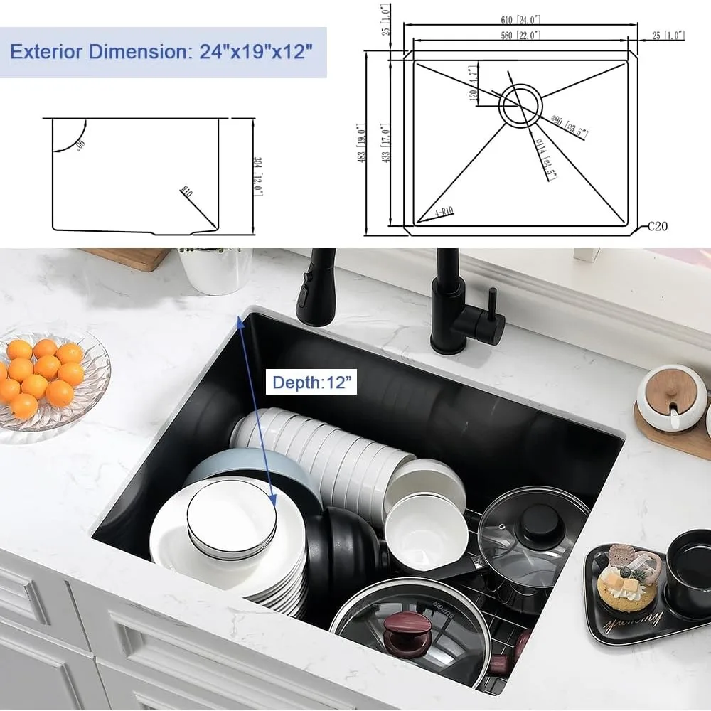 حوض غسيل من الفولاذ المقاوم للصدأ باللون الأسود غير اللامع مقاس 24 × 19 بوصة مع مقياس 16 لغرفة المرافق