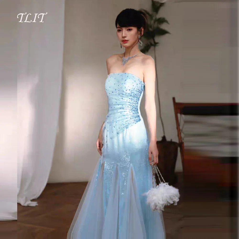 

TLIT Elegant Appliques Crystals Evening Dress Strapless High Split Prom Gowns Sequined Backless Customized Formal Party