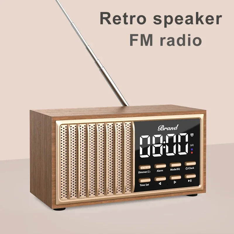 Retro FM Radio Wireless Bluetooth Speaker Alarm Clock All in 1 Machine HIFI Sound Quality Portable Wooden Music Player TF Card