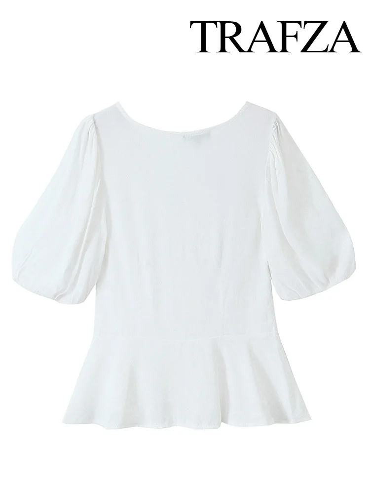 TRAFZA-Top de manga corta con cuello en V para Mujer, Top elegante de una sola botonadura, camisa de calle, color liso, novedad de verano