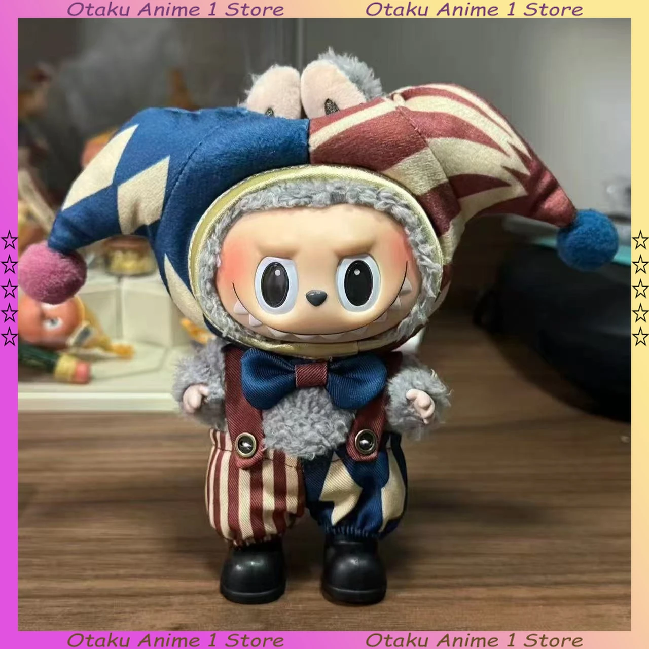 Ubranka dla lalki Cartoon Labubu 3.0, uroczy zestaw: kapelusz klauna cyrkowego, ogrodniczki, mini pluszowa lalka, odzież, akcesoria dla lalek, prezent dla chłopca i dziewczynki.