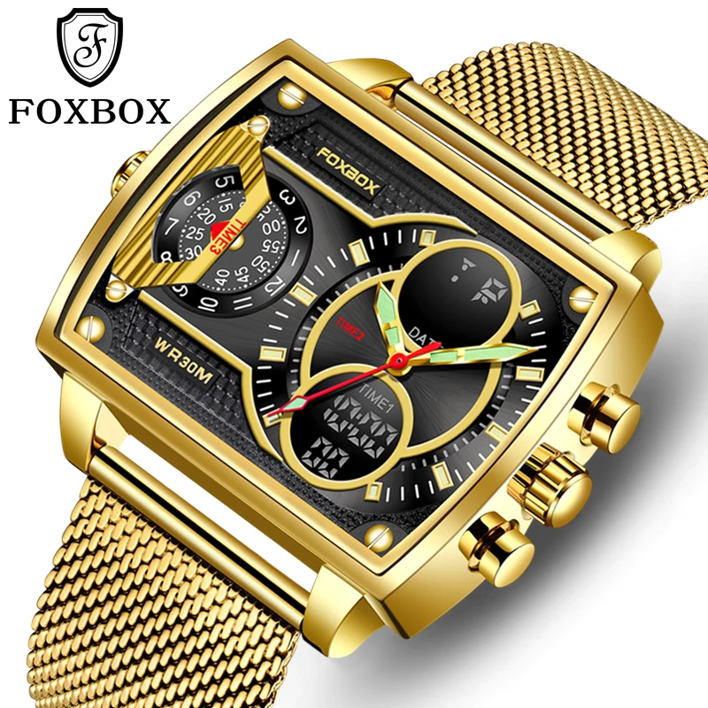 FOXBOX Fashion Casual Watch Men Digital Dual Time Week Gold Sport 3bar Waterproof Quartz Wristwatches Clock Relogios Masculino