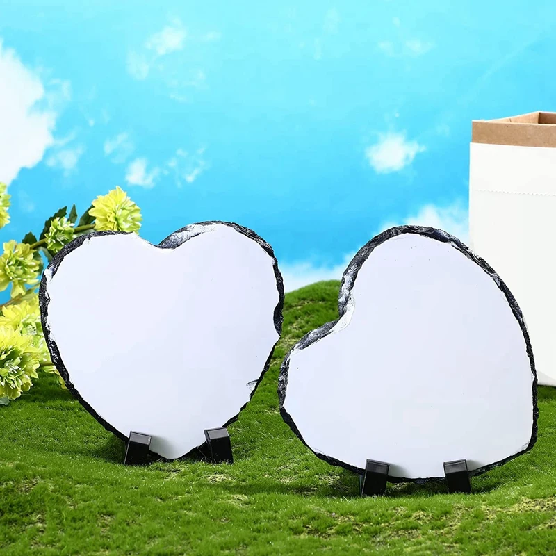 4Pcs Sublimated Slate Heart Shaped Blank Slate Rock Slate With Display Stand For DIY Personalized Photo Frame