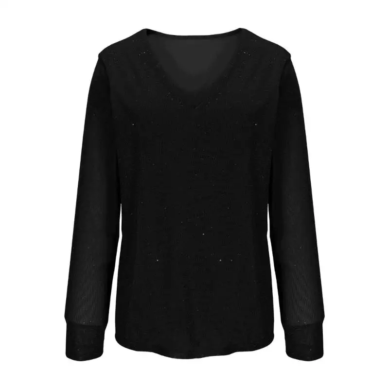 652F Women Sparkly Sequins V Neck Long Sleeve Blouse Perfect for Parties and Event