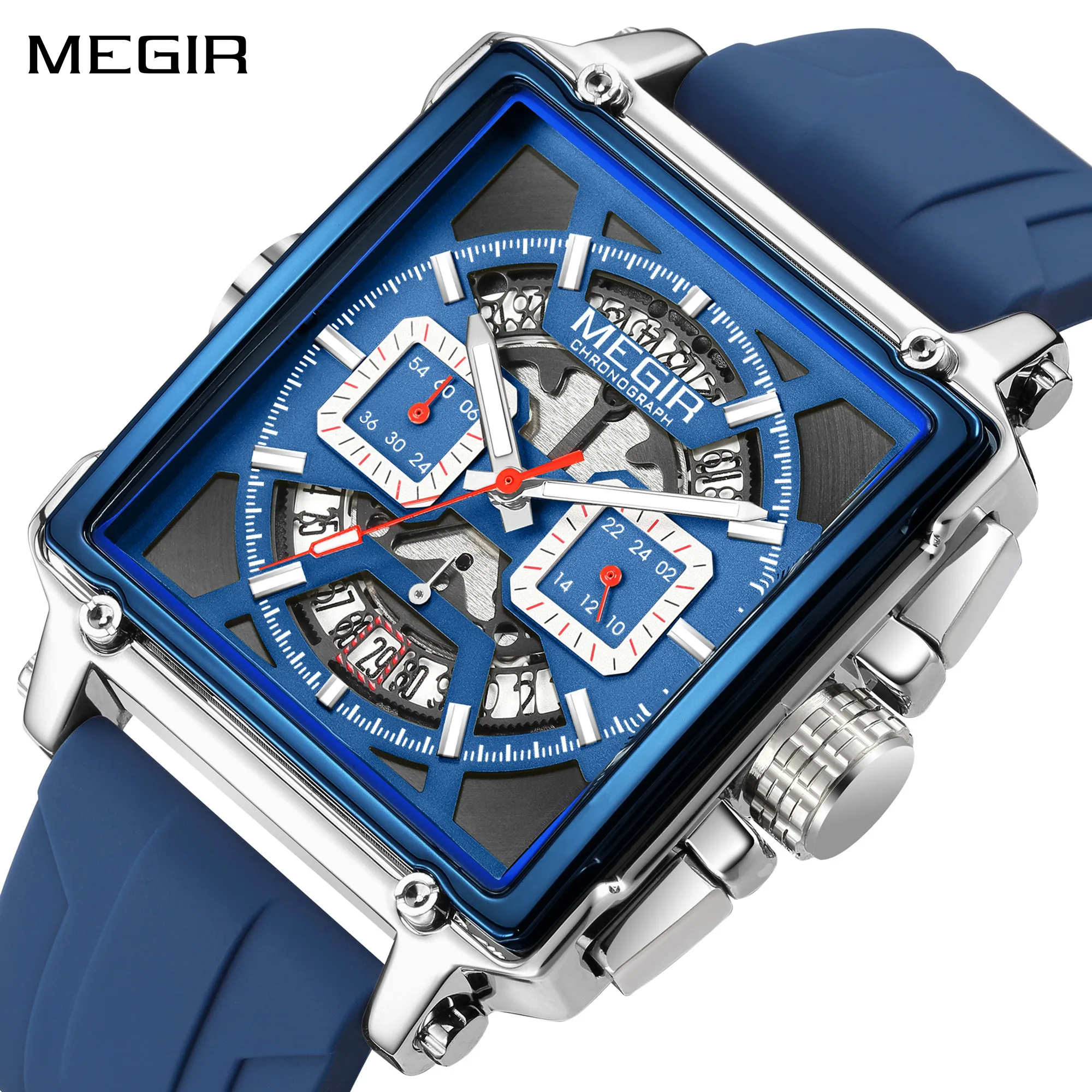 

MEGIR Роскошные спортивные часы для мужчин, деловые наручные часы с квадратным циферблатом, хронограф, водонепроницаемые, с датой, силиконовый ремешок, кварцевые часы