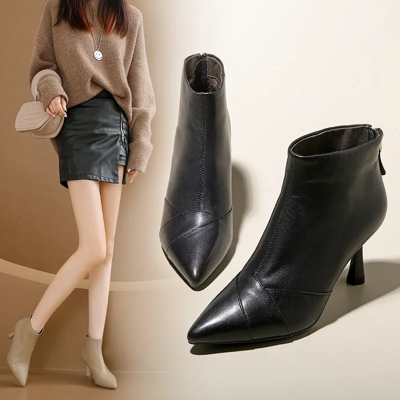 2024 NEW Elegant Pointed Toe Shoes Women Short Boots Genuine Leather Party Sexy High Heels Ankle Boots Lady  Autumn Winter