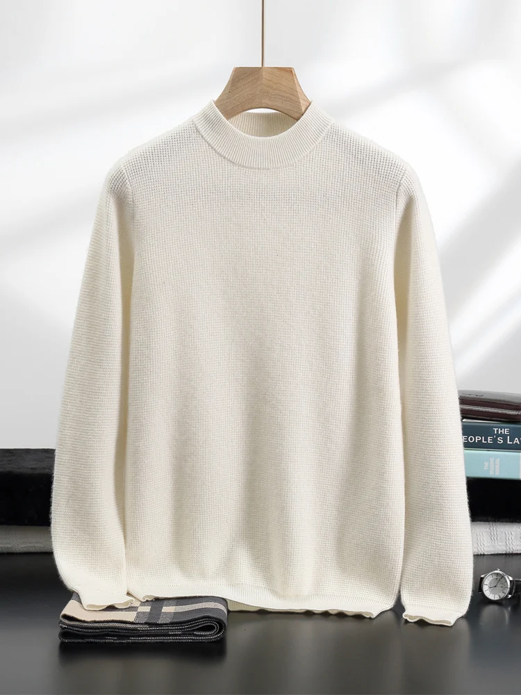 Men Autumn Winter 100% Cashmere Sweater Mock-neck Pullover Smart Casual Cashmere Knitwear Soft Warm Clothing High Quality Tops