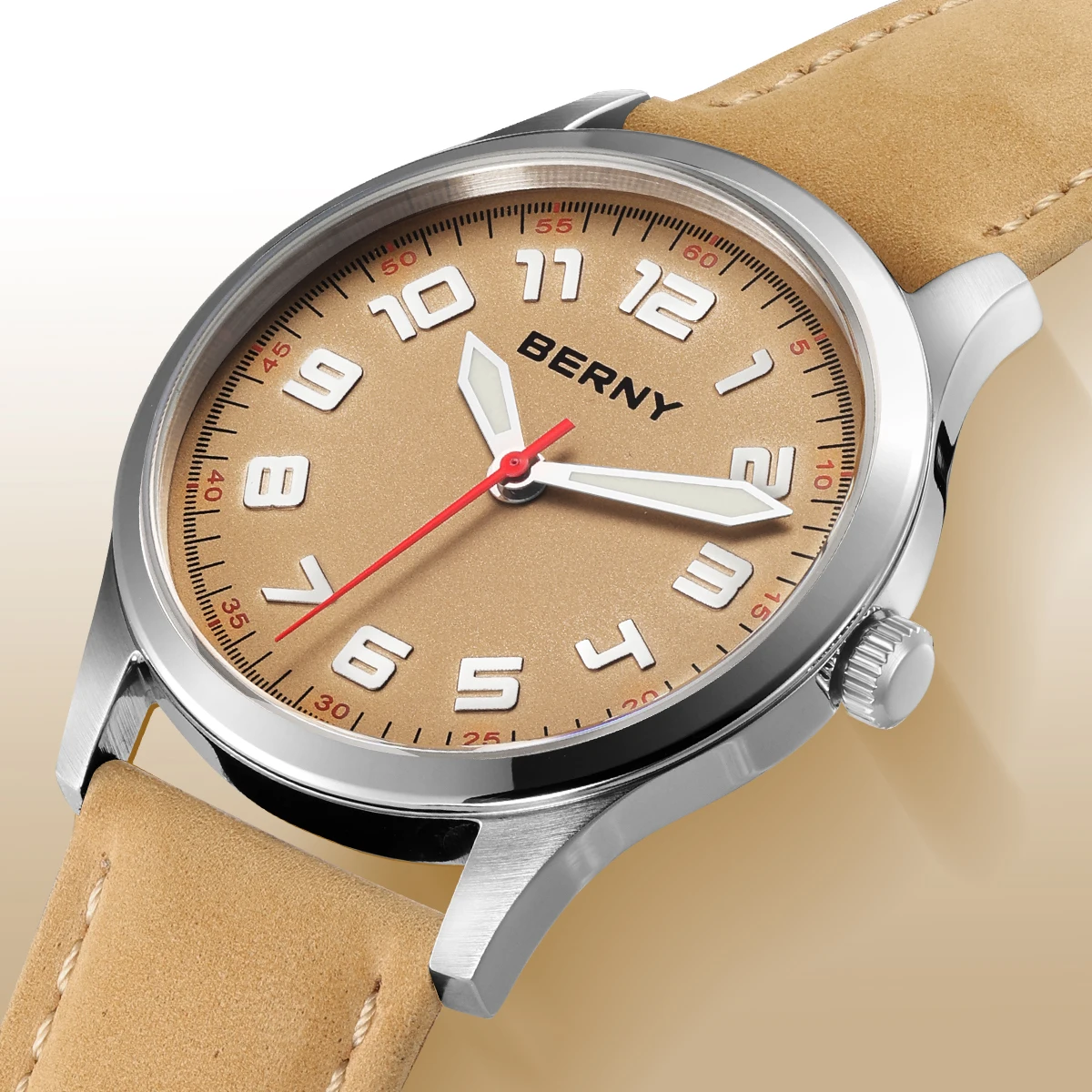 BERNY Men's Quartz Casual Watch Luminous Stainless Steel Leather Strap Sapphire Coated Miyota 2035 3ATM Fashion Men's Wristwatch