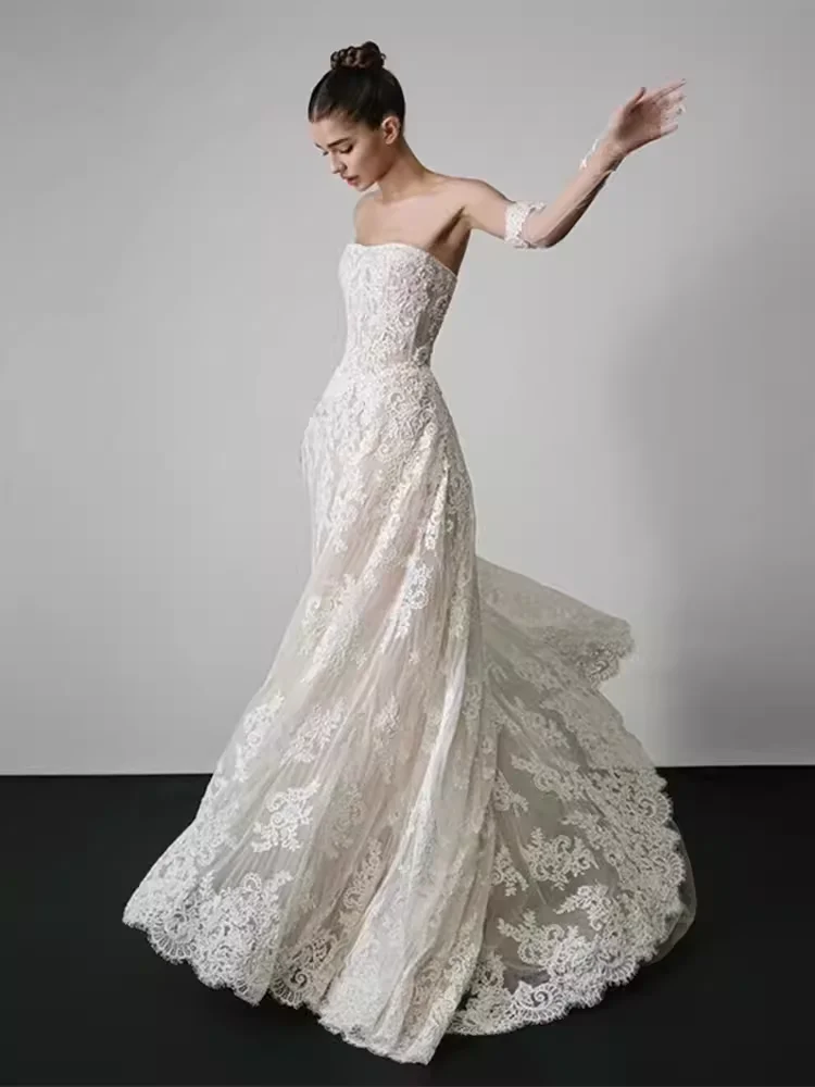 TAFN Luxury Lace Wedding Dresses Strapless A-line Floor-Length Bridal Gown Custom Made Court Tarin Dresses with Sleeves