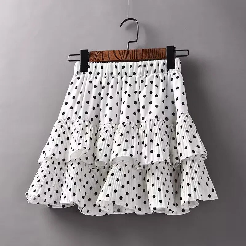 Chiffon Short Skirt Black White Polka Dot A-line High Waist Summer Beach Holiday Ruffles Puffy Mini Skirt Casual mujer faldas