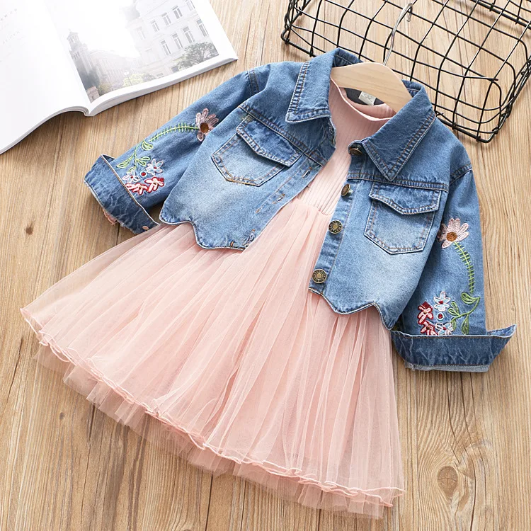 Spring Autumn Little Girls Denim Clothing Set 3pcs Children Long Sleeve Jacket and Dress Set