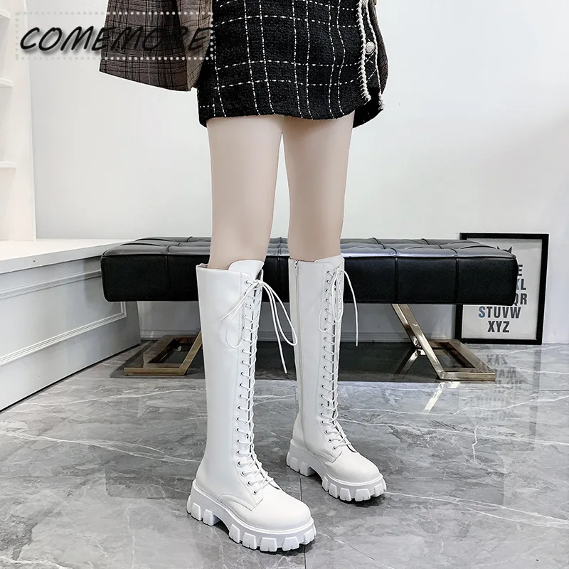 2024 New Thicken Winter Knight Boots Women Knee High Long Square Heel Retro Lace Up Motorcycle Boots Black White Botas Mujer 43