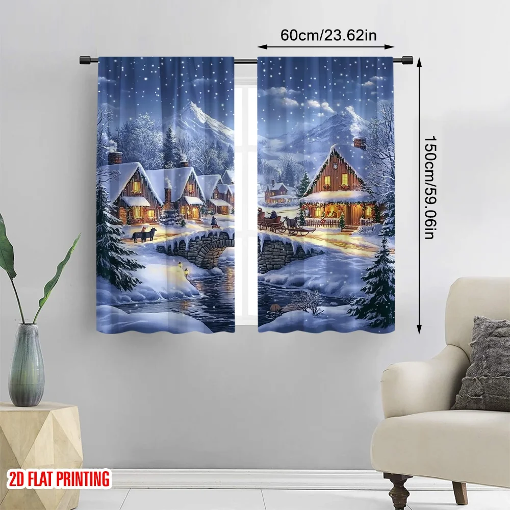 2pcs 2D flat printing Merry Christmas Curtains Christmas Snow Village Print Party Polyester Without Electricity Festive Holiday