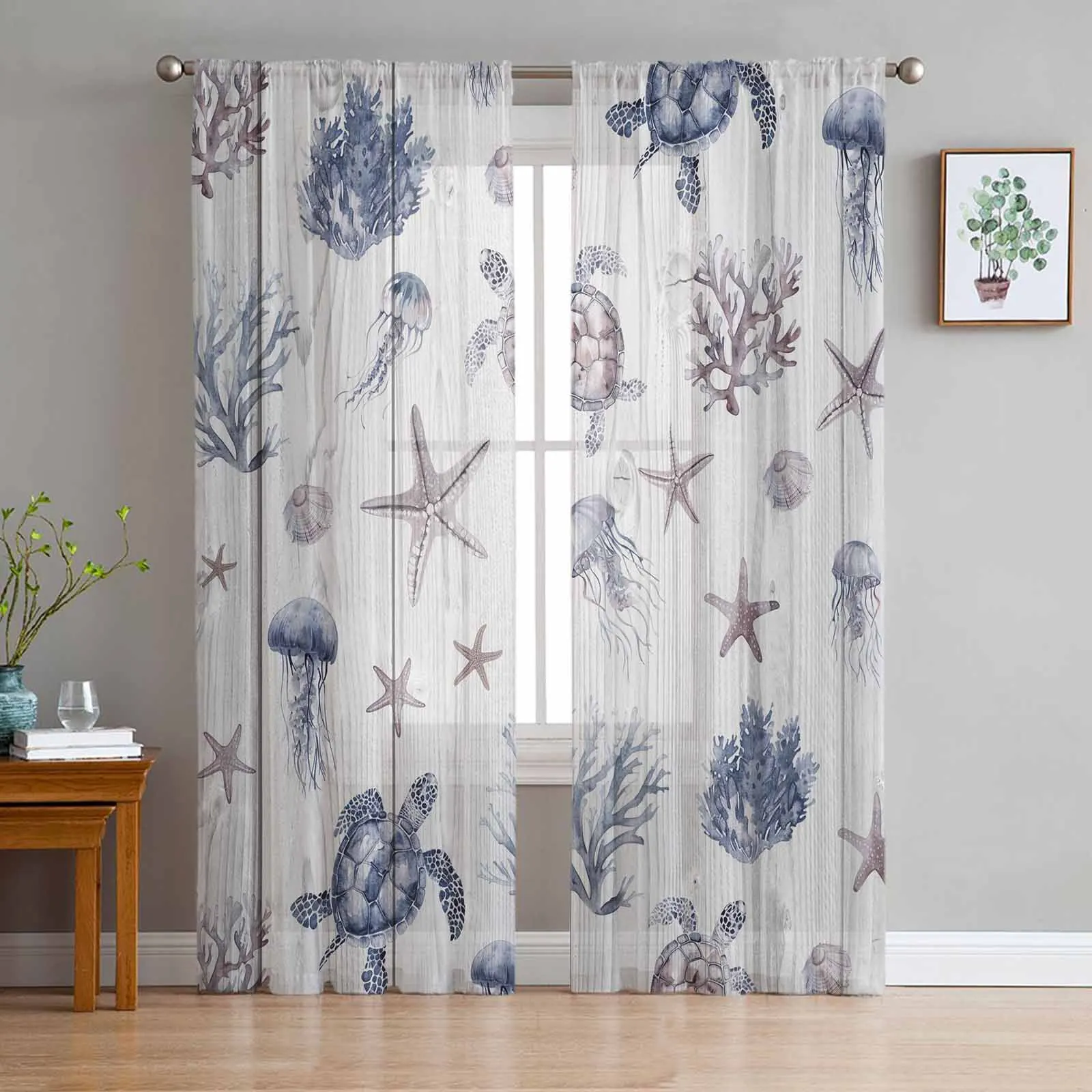 

Marine Creatures Turtles Starfish Corals Jellyfish Sheer Curtains for Living Room Tulle Window Curtain Home Balcony Drapes