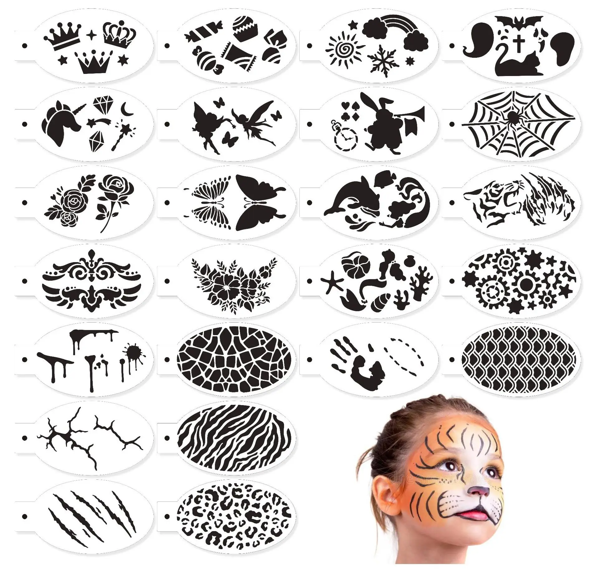 24PCS Stencils for Body Painting Face Art Halloween Birthday Party DIY Makeup  Temporary Tattoos Reusable Stencils Plastics