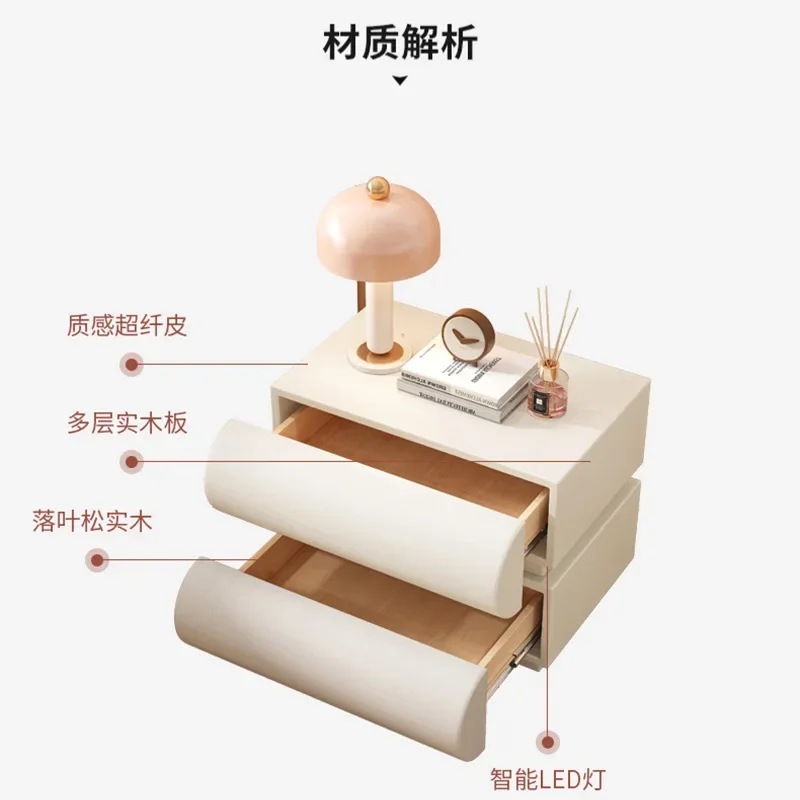 Meja samping tempat tidur kayu solid warna krem minimalis, gaya selebgram minimalis modern