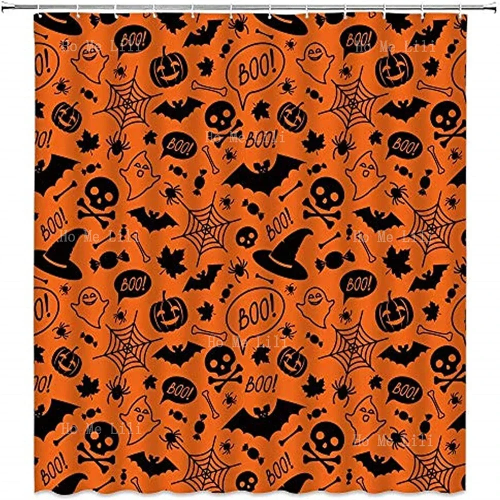 Halloween Pumpkin Head Ghost Horror Skull Spider Web Candy Bat Orange Maple Leaf Cartoon Bathroom Decoration Shower Curtain