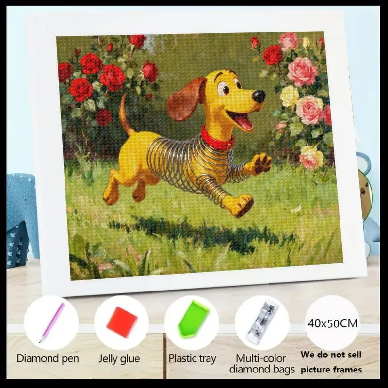 

5D DIY Набор алмазной живописи, полная дрель Slinky Dog Diamond Art, милая мультяшная весенняя такса, бегущая в розовом саду, краска драгоценных камней