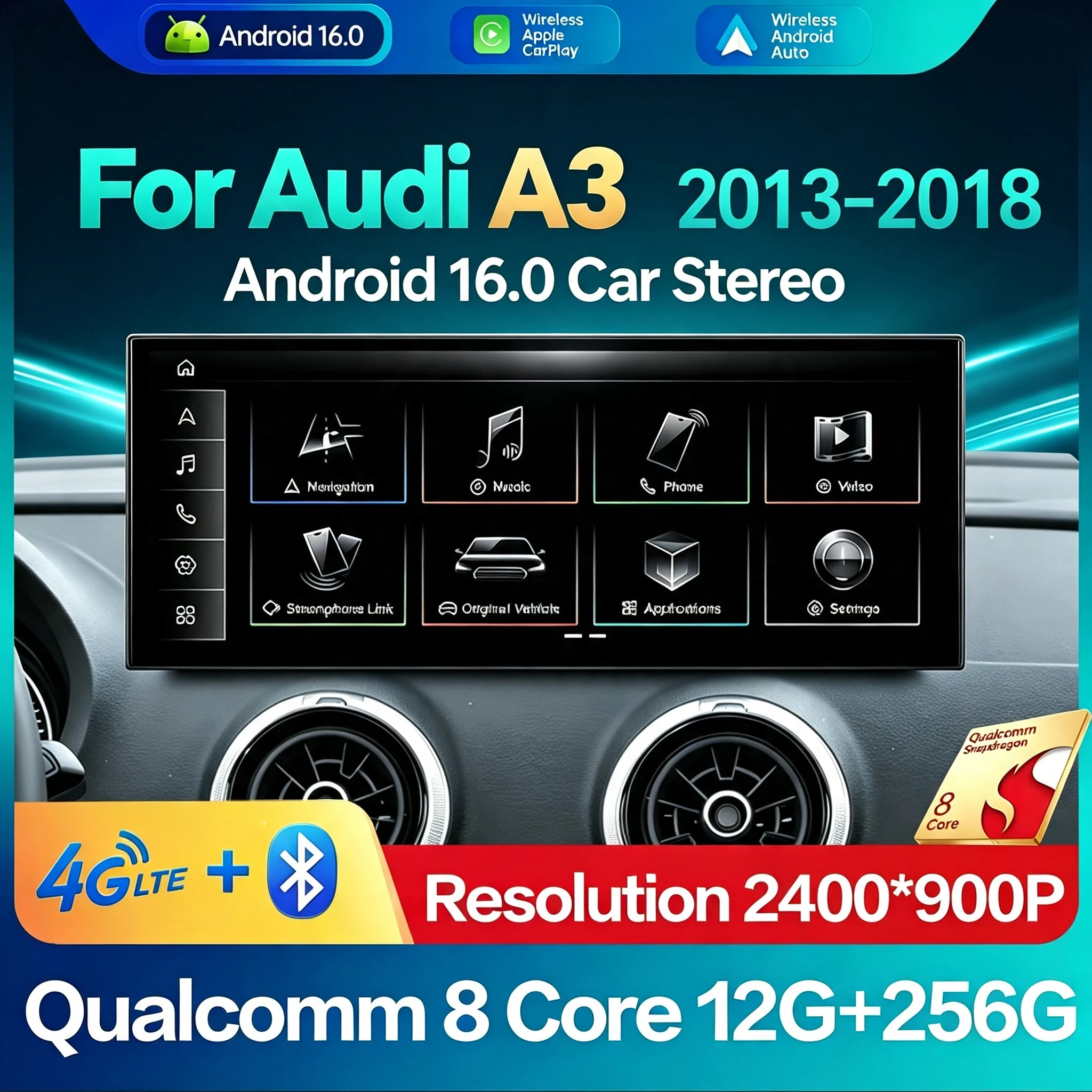 GPS Navi Android 16 Car Radio Multimedia Player For Audi A3 2013-2018 Wireless Carplay 4G DSP Stereo Ultra-thin Screen
