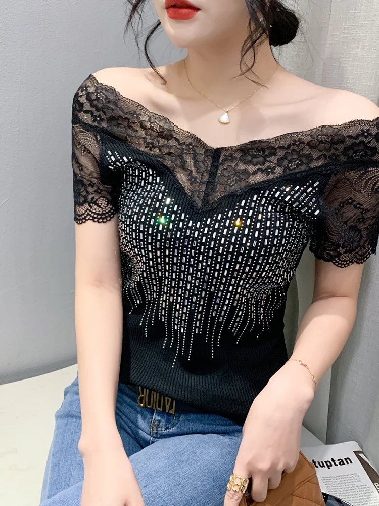 Fashionable Lace Patchwork Short Sleeve T-Shirt Women's Sexy Hollow out Summer Slim Fit Heavy Embroidery Drill Small Shirt
