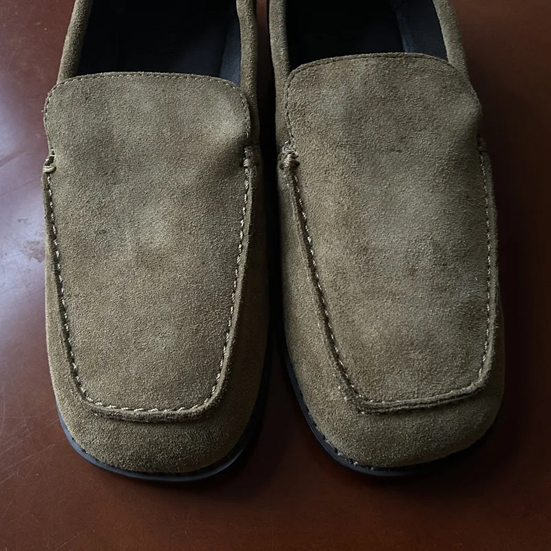 Maxdutti French Inide Folk Handmade Cowhide Suede Shoes Khaki Color Vintage Square Toe Woman Shoes Shoes For Woman Loafers