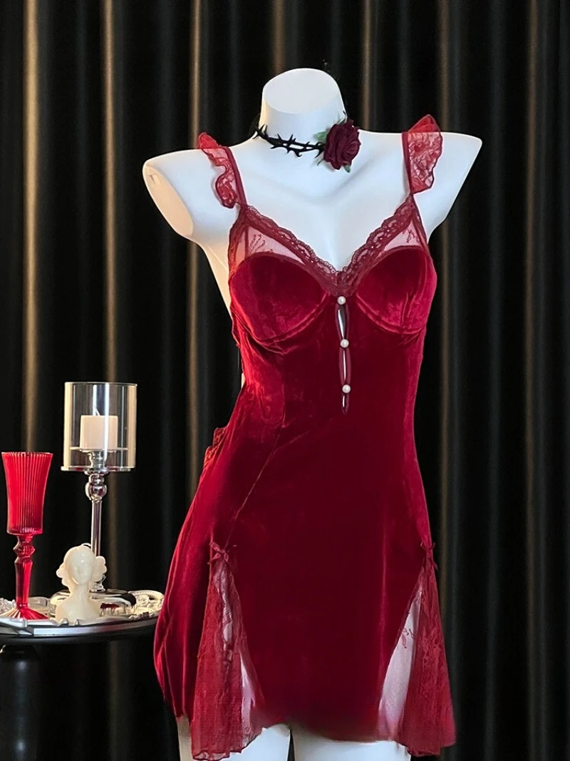 

High-End Red Velvet Cutout Lace Nightdress for Women,French Style Feminine Sleepwear,Pure Desire Homewear,Elegant Date Night