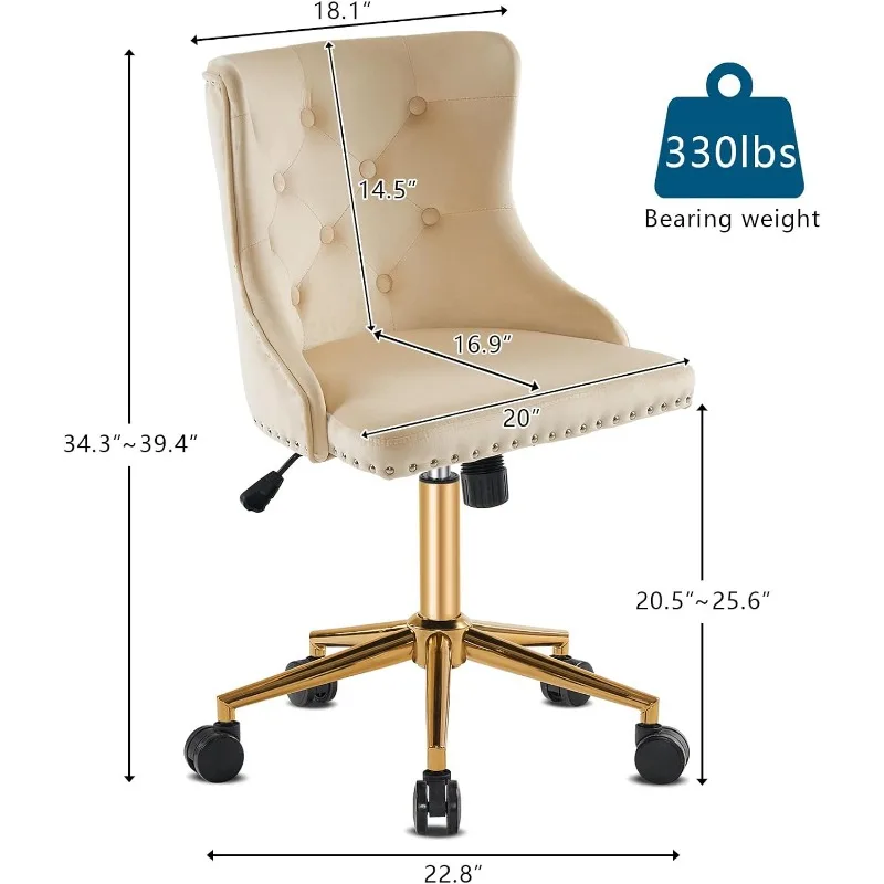 Beige Velvet Armless Home Office Desk Chair with Gold Base/Wheels, Small Cute Vanity/Makeup Chair with Back for Bedroom,