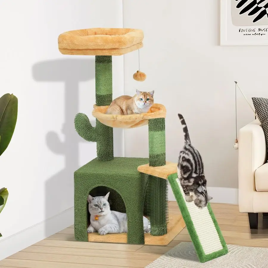 

37in Tall Cactus Cat Tree Tower Cute Kitten Climbing Tower with SelfGrooming Brush, for Indoor Cats with Kitty Condo Plush Platf