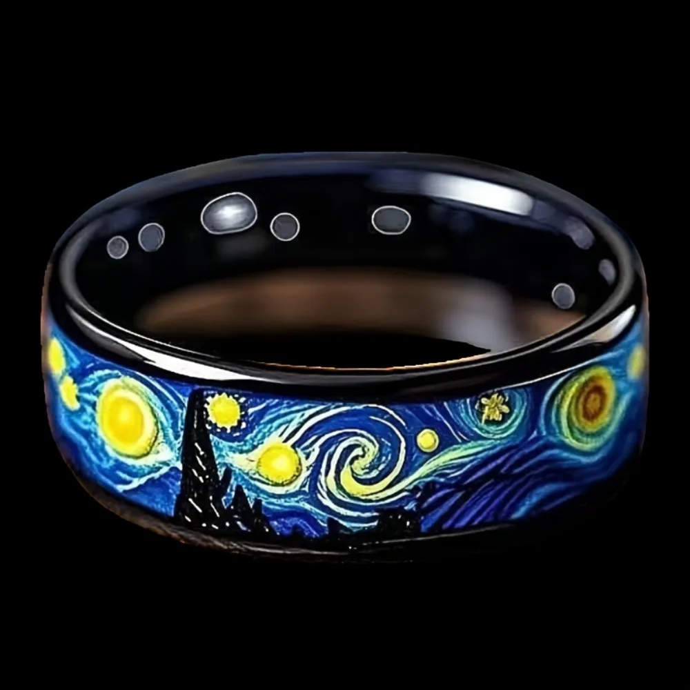 Wholesale Unique Starry Night Pattern Men's Black Ring Personality Women Wedding Band Jewelry Unisex Party Accessorie