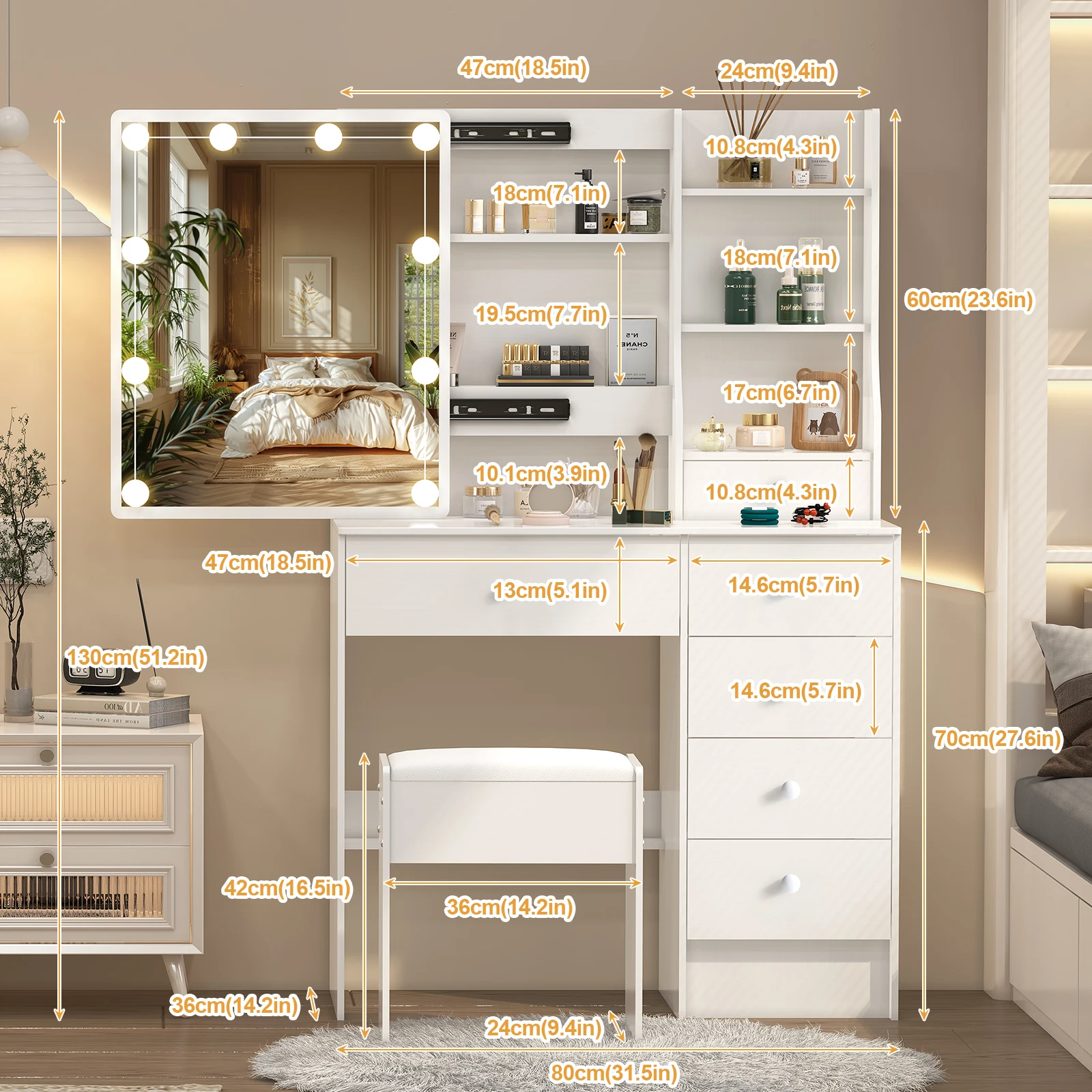 طاولة زينة خشبية أنيقة مع مرآة مضيئة: 3 أوضاع قابلة للتعديل وأدراج وتخزين #5